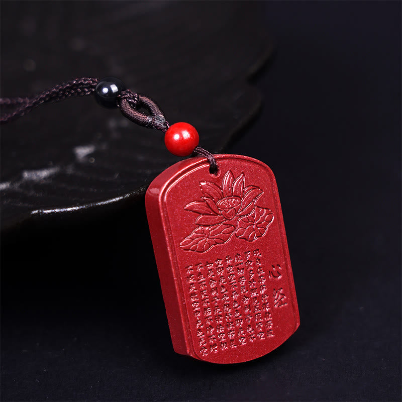 Buddhist Blessing Cinnabar Lotus Heart Sutra Engraved Blessing Rope Necklace Pendant
