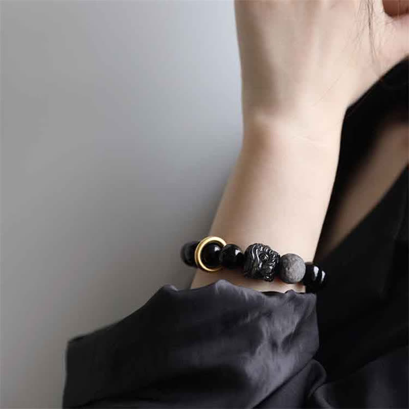 Buddhist Blessing Black Obsidian Silver Sheen Obsidian Lion Strength Bracelet