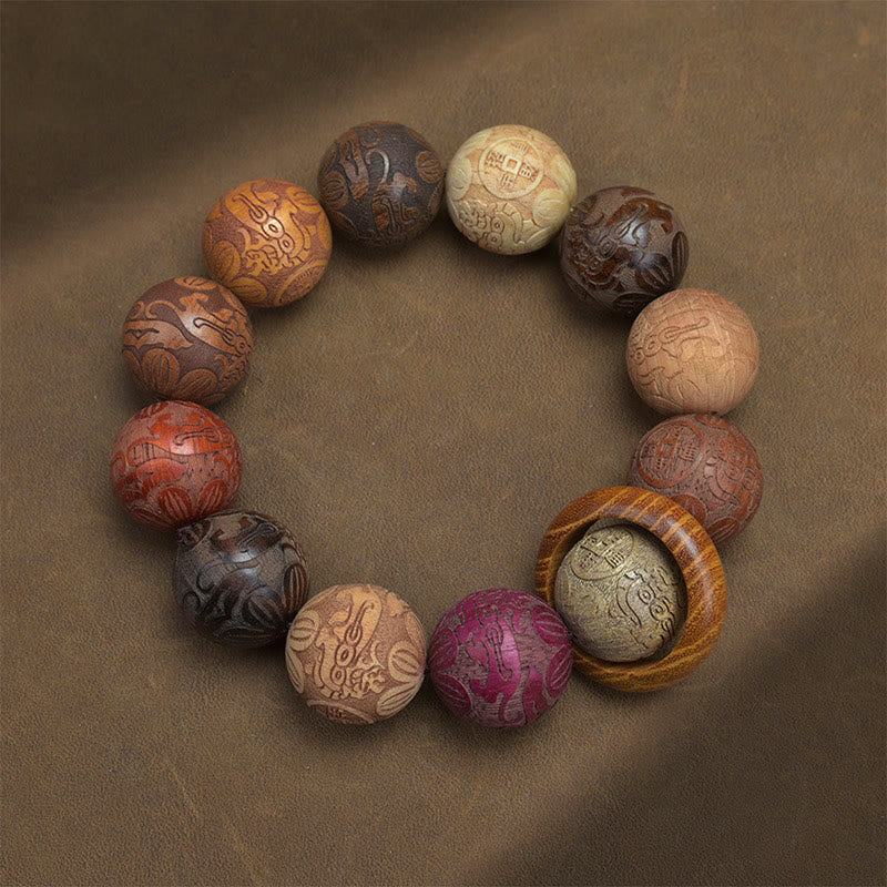 Buddhist Blessing Carving Sandalwood Chinese Zodiac Auspicious Dragon Phoenix Fu Character Healing Bracelet