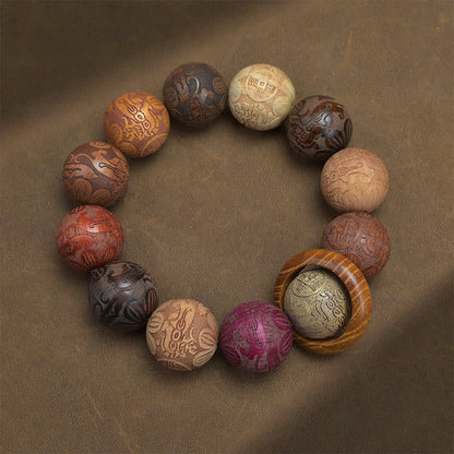Buddhist Blessing Carving Sandalwood Chinese Zodiac Auspicious Dragon Phoenix Fu Character Healing Bracelet