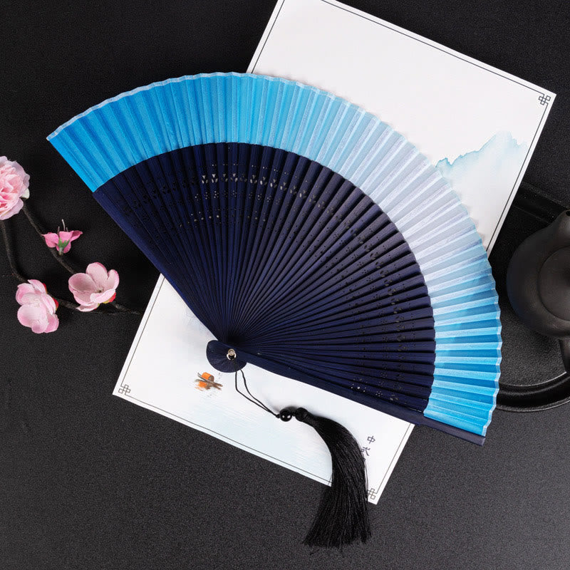 Buddhist Blessing Cranes Auspicious Clouds Solid Color Gradient Handheld Cotton Linen Fabric Bamboo Folding Fan