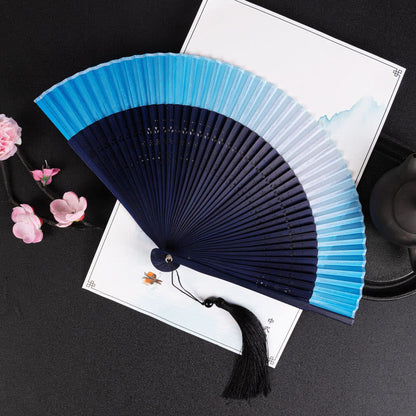 Buddhist Blessing Cranes Auspicious Clouds Solid Color Gradient Handheld Cotton Linen Fabric Bamboo Folding Fan