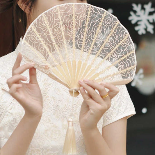 Buddhist Blessing Rose Embroidery Lace Shell Shape Tassels Handheld Bamboo Folding Fan