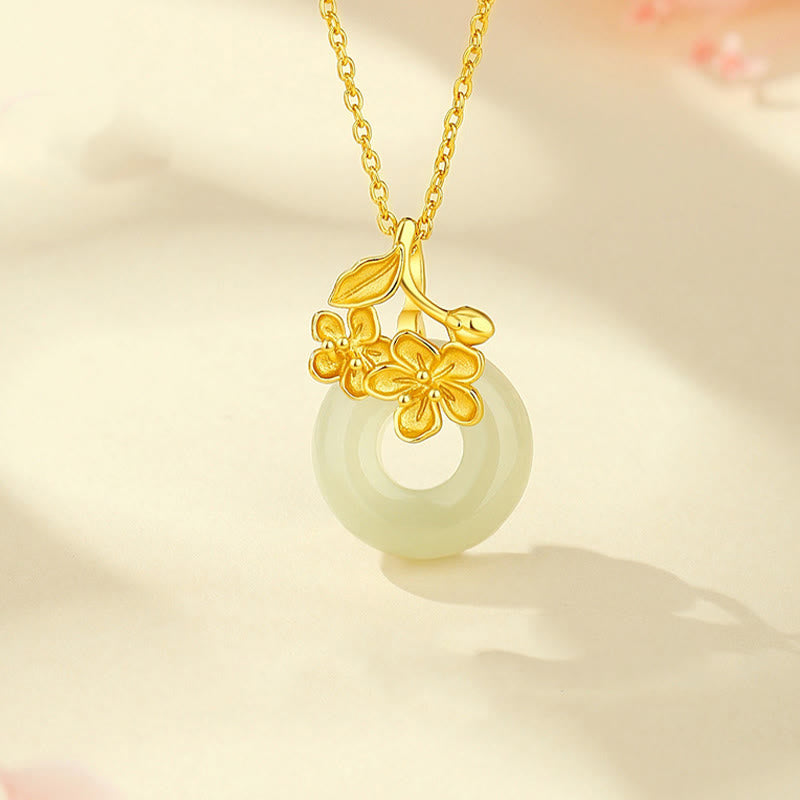 Buddhist Blessing Hetian Jade 999 Sterling Silver Peace Buckle Peach Blossom Necklace Pendant