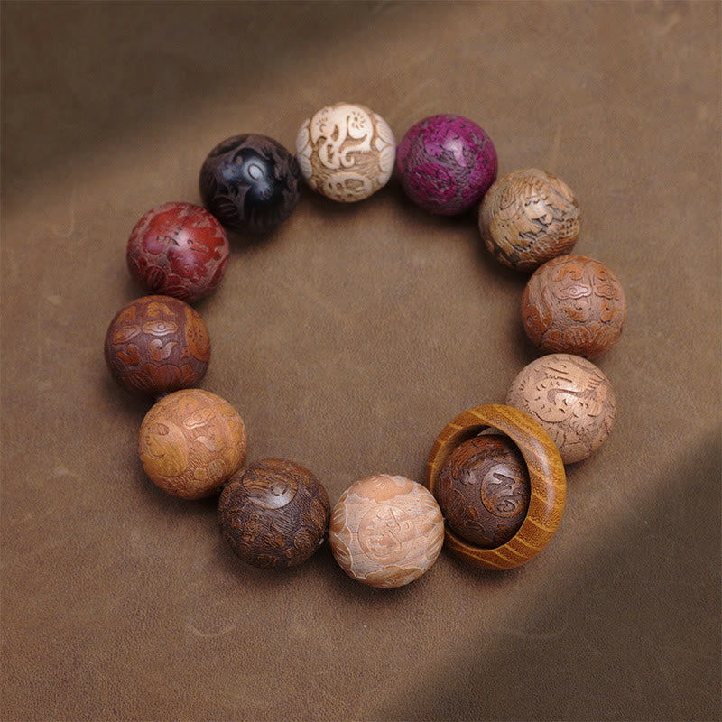 Buddhist Blessing Carving Sandalwood Chinese Zodiac Auspicious Dragon Phoenix Fu Character Healing Bracelet
