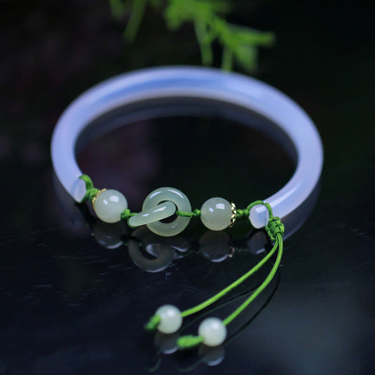 Buddhist Blessing Natural White Agate Hetian Jade Beads Interlocking Positive Bracelet Bangle