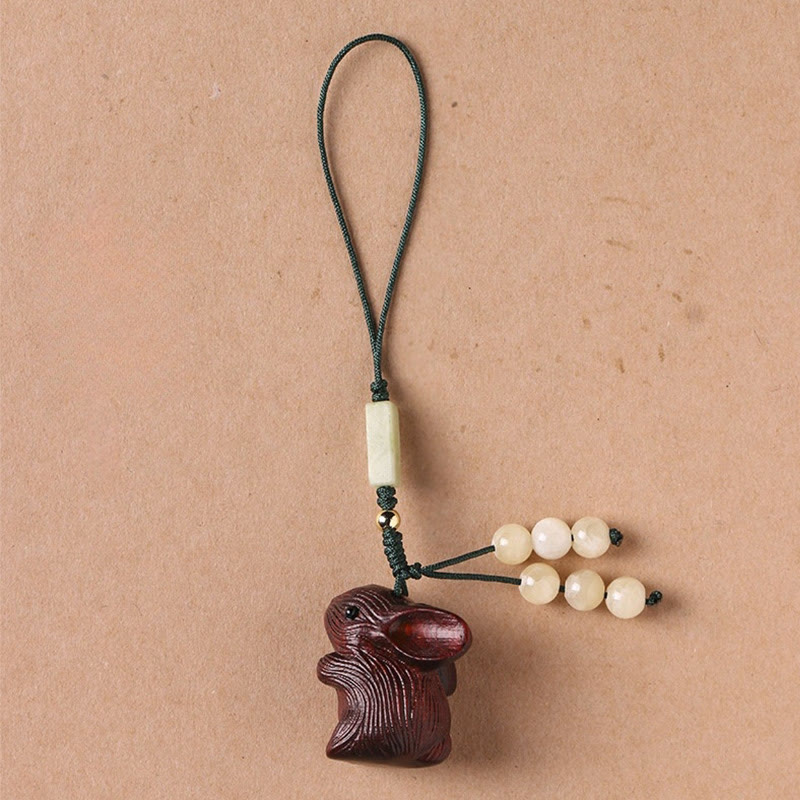 Buddhist Blessing Sandalwood Small Leaf Red Sandalwood Lucky Mini Rabbit Protection Key Chain Phone Hanging Decoration