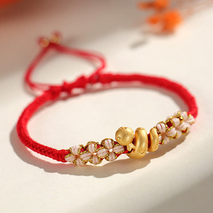 Buddhist Blessing Handmade 999 Sterling Silver Year Of The Snake Red String Heart Peach Blossom Luck Bracelet