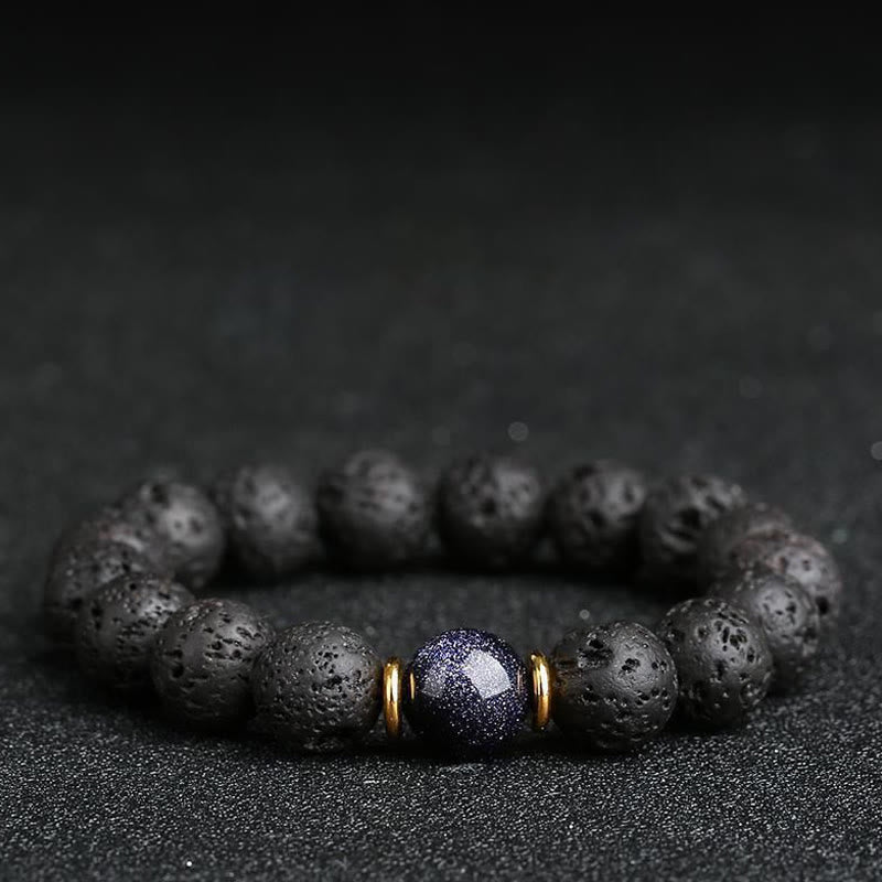 Buddhist Blessing Lava Rock Goldstone Blue Sandstone Healing Bracelet