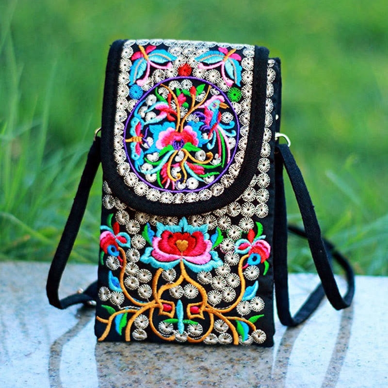 Buddhist Blessing Inula Flower Rose Embroidery Canvas Backpack Crossbody Bag