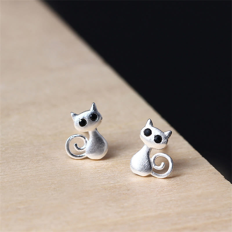 Buddhist Blessing 925 Sterling Silver Posts Cute Cat Kitten Blessing Stud Earrings