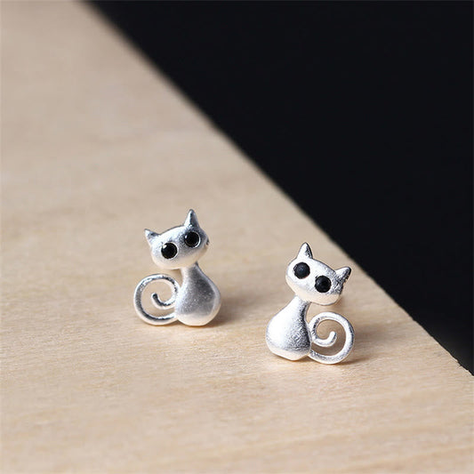 Buddhist Blessing 925 Sterling Silver Posts Cute Cat Kitten Blessing Stud Earrings