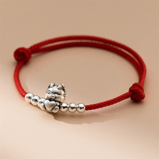 Buddhist Blessing Handmade 999 Sterling Silver Year of the Dragon Luck Red Bracelet