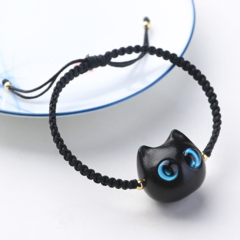 Buddhist Blessing Small Leaf Red Sandalwood Ebony Wood Cute Cat Head Calm Protection Braided Bracelet