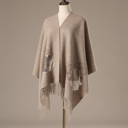 Buddhist Blessing Wool Shawl Lotus Leaf Embroidery Tassel Winter Cozy Travel Scarf Wrap
