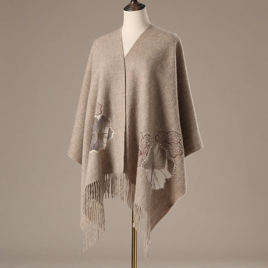 Buddhist Blessing Wool Shawl Lotus Leaf Embroidery Tassel Winter Cozy Travel Scarf Wrap