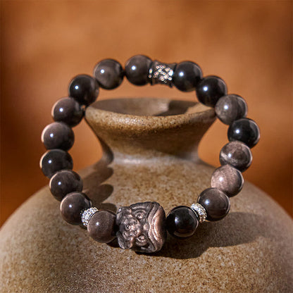 Buddhist Blessing Natural Silver Sheen Obsidian Lion Dance Protection Bracelet