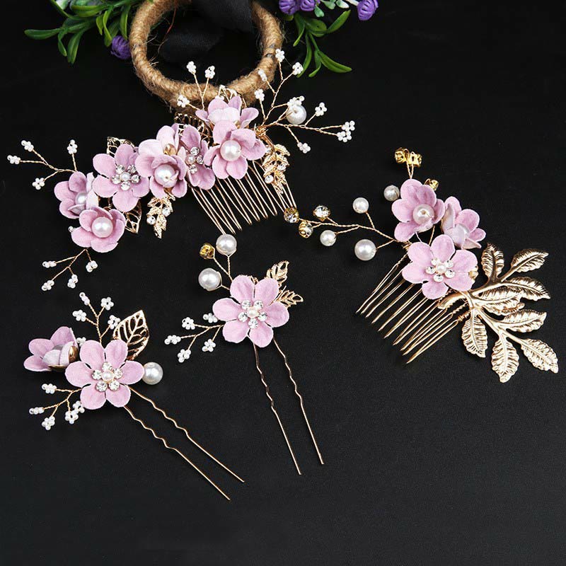 Buddhist Blessing 4Pcs Handmade Wedding Golden Leaf Flower Pearl Hairpin Hair Comb Set
