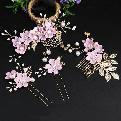 Buddhist Blessing 4Pcs Handmade Wedding Golden Leaf Flower Pearl Hairpin Hair Comb Set
