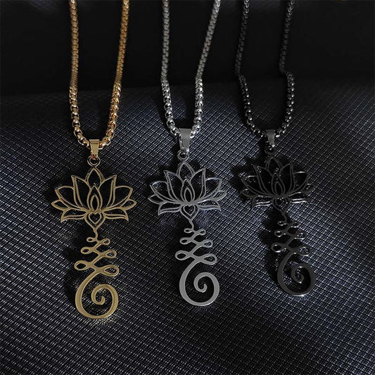 Buddhist Blessing Chakra Symbol Irregular Design Lotus Stainless Steel Enlightenment Necklace Pendant