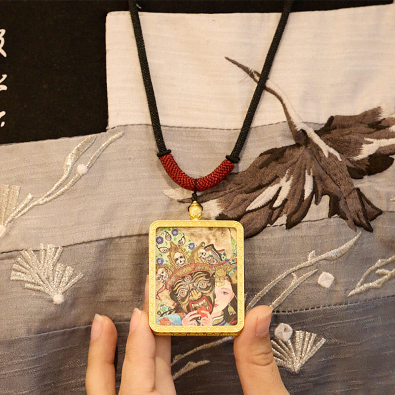 Buddhist Blessing Tibetan Zakiram Nine Tailed Fox Yellow God of Wealth Painted Thangka Hope Necklace Pendant