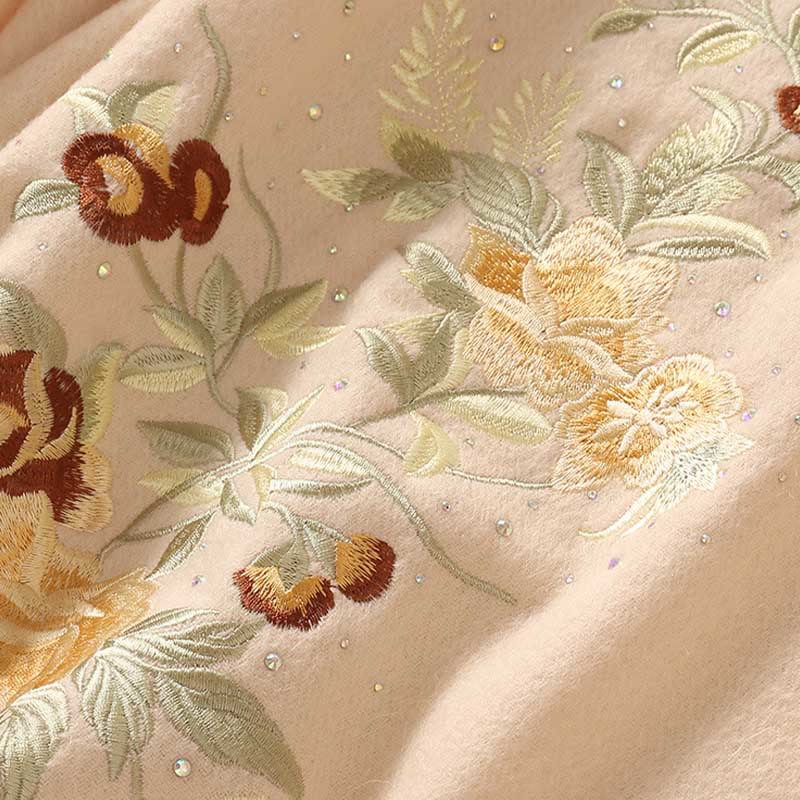 Buddhist Blessing Wool Shawl Red Flower Silver Leaves Embroidery Tassel Winter Cozy Travel Scarf Wrap