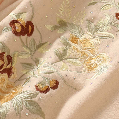 Buddhist Blessing Wool Shawl Red Flower Silver Leaves Embroidery Tassel Winter Cozy Travel Scarf Wrap