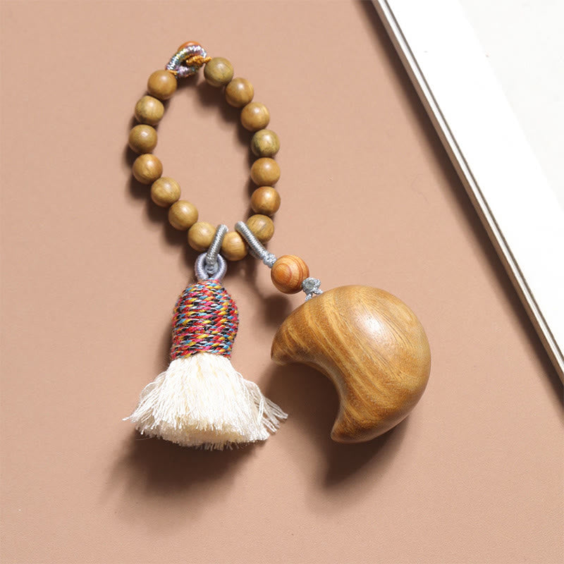 Buddhist Blessing Natural Green Sandalwood Colored Rope Tassels Star Moon Abundance Key Chain