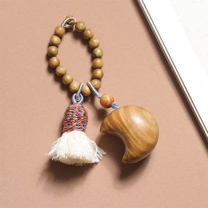 Buddhist Blessing Natural Green Sandalwood Colored Rope Tassels Star Moon Abundance Key Chain
