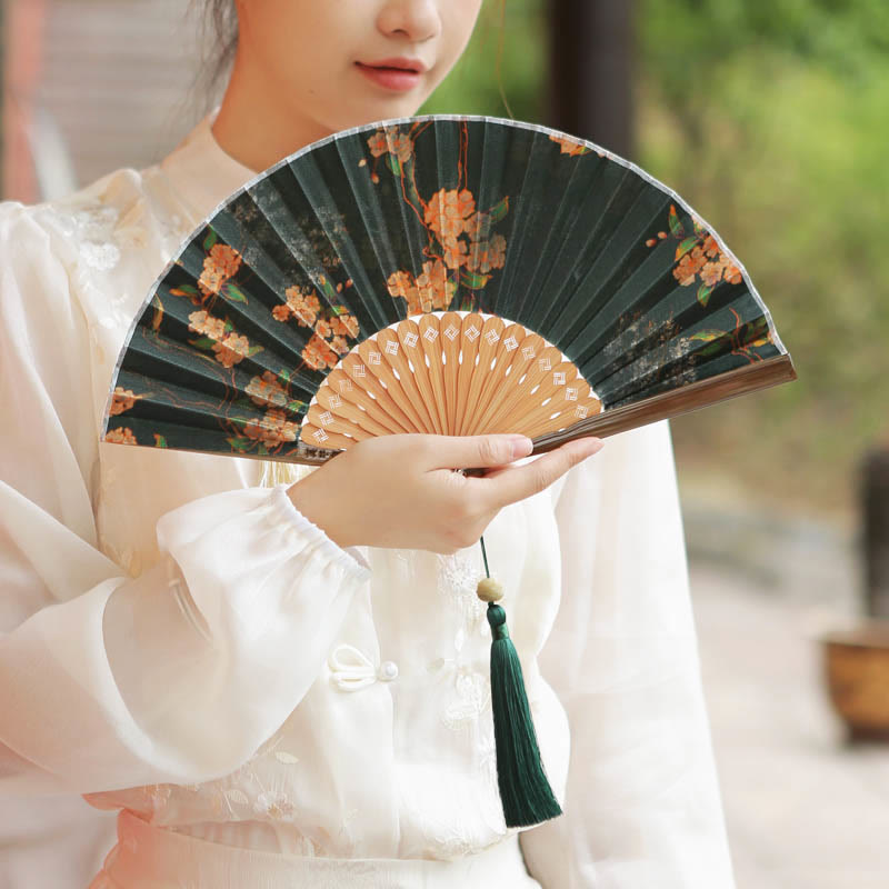 Buddhist Blessing Flower Persimmon Bamboo Leaves Xiangyunsha Silk Handheld Bamboo Folding Fan