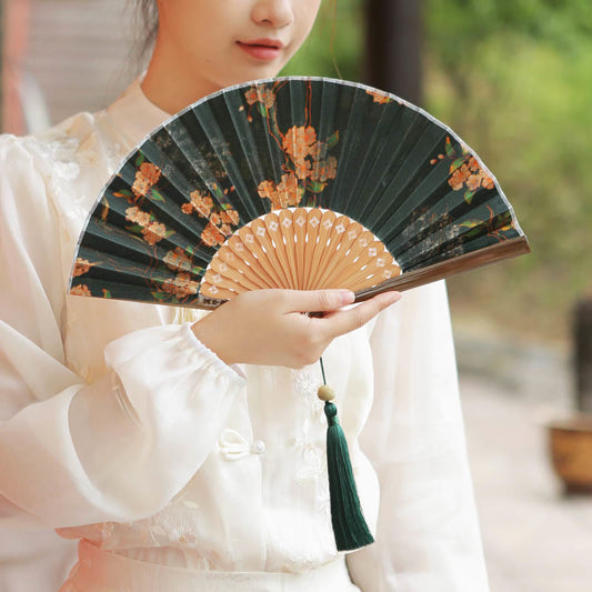 Buddhist Blessing Flower Persimmon Bamboo Leaves Xiangyunsha Silk Handheld Bamboo Folding Fan