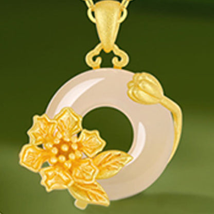 Buddhist Blessing Chalcedony 925 Sterling Silver Peace Buckle Flowers Necklace Pendant