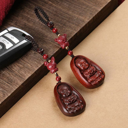 Buddhist Blessing Small Leaf Red Sandalwood Buddha Cinnabar Chinese Zodiac Amulet Protection Key Chain