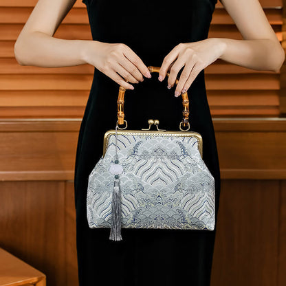 Buddhist Blessing Silver Lines Bamboo Handle Metal Chain Crossbody Bag Handbags