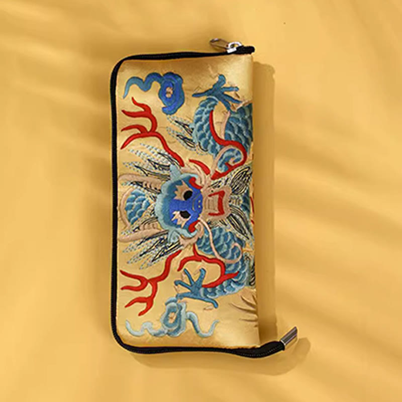 Buddhist Blessing Mythical Beast Phoenix Dragon Qilin Su Embroidery Ticket Folder Storage Journey Shopping Purse Handbag
