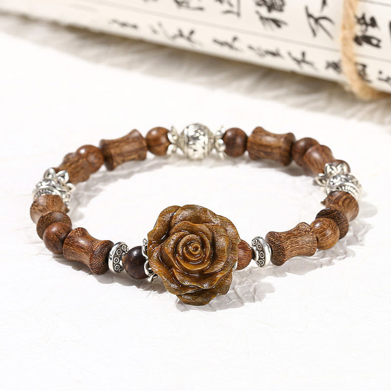 Buddhist Blessing Sandalwood Bamboo Pattern Camellia Healing Bracelet