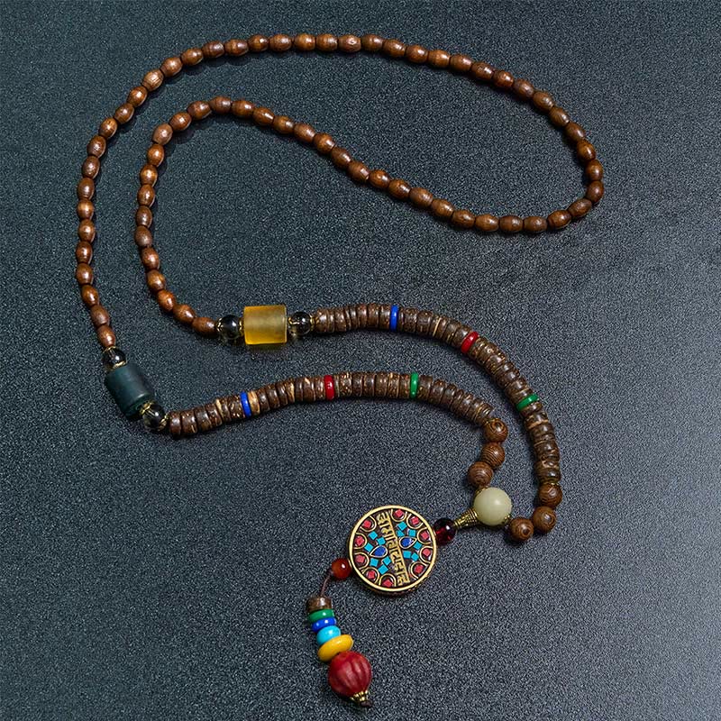 Buddhist Blessing Tibetan Handmade Coconut Shell Schima Wood Great Bright Mantra Copper Bead Balance Necklace Pendant