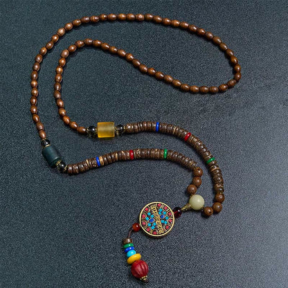 Buddhist Blessing Tibetan Handmade Coconut Shell Schima Wood Great Bright Mantra Copper Bead Balance Necklace Pendant