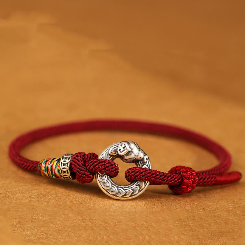 Buddhist Blessing Red String 999 Sterling Silver Peace Buckle Coin Year of the Snake Strength Bracelet