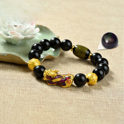 Buddhist Blessing Fengshui Copper Pixiu Rainbow Obsidian Beads Wealth Bracelet