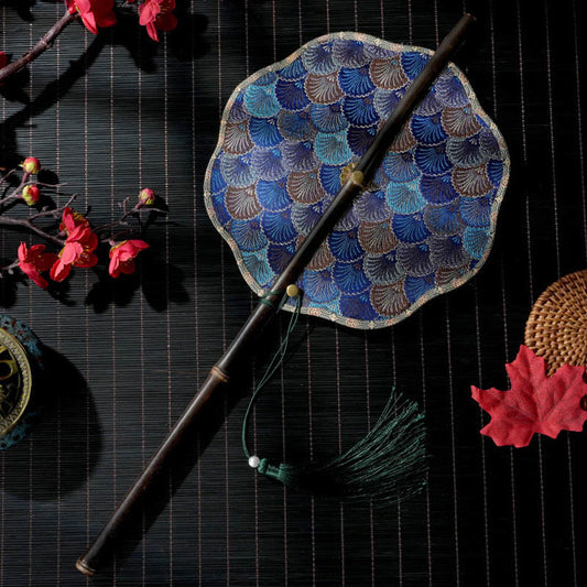 Buddhist Blessing Handmade Shell Scales Leaves Epiphyllum Pattern Long Purple Bamboo Handle Portable Curlable Fan