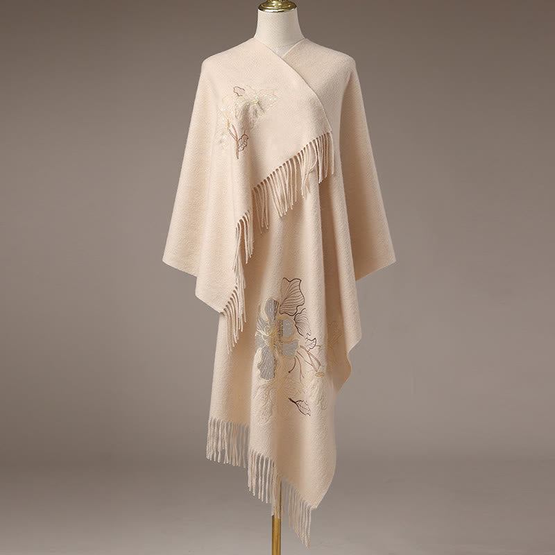 Buddhist Blessing Wool Shawl Big Flower Sequins Embroidery Tassel Winter Cozy Travel Scarf Wrap