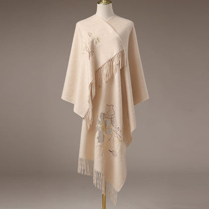 Buddhist Blessing Wool Shawl Big Flower Sequins Embroidery Tassel Winter Cozy Travel Scarf Wrap