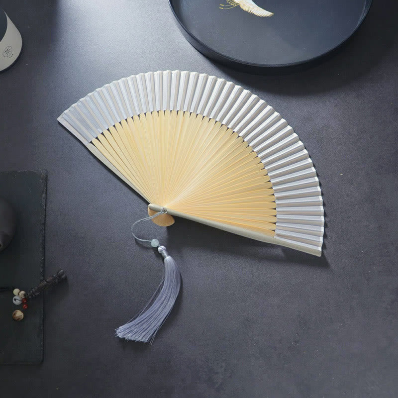 Buddhist Blessing Flower Plain Handheld Polyester Tassel Bamboo Folding Fan 21cm