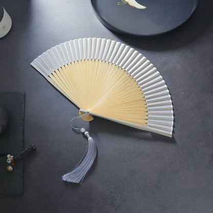 Buddhist Blessing Flower Plain Handheld Polyester Tassel Bamboo Folding Fan 21cm