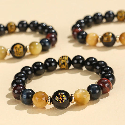 Buddhist Blessing Black Onyx Tiger Eye Om Mani Padme Hum Chinese Zodiac Natal Buddha Support Bracelet
