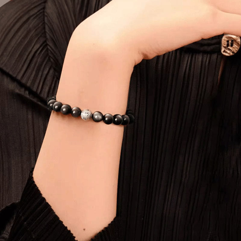 Buddhist Blessing Natural Silver Sheen Obsidian Om Mani Padme Hum Protection Bracelet