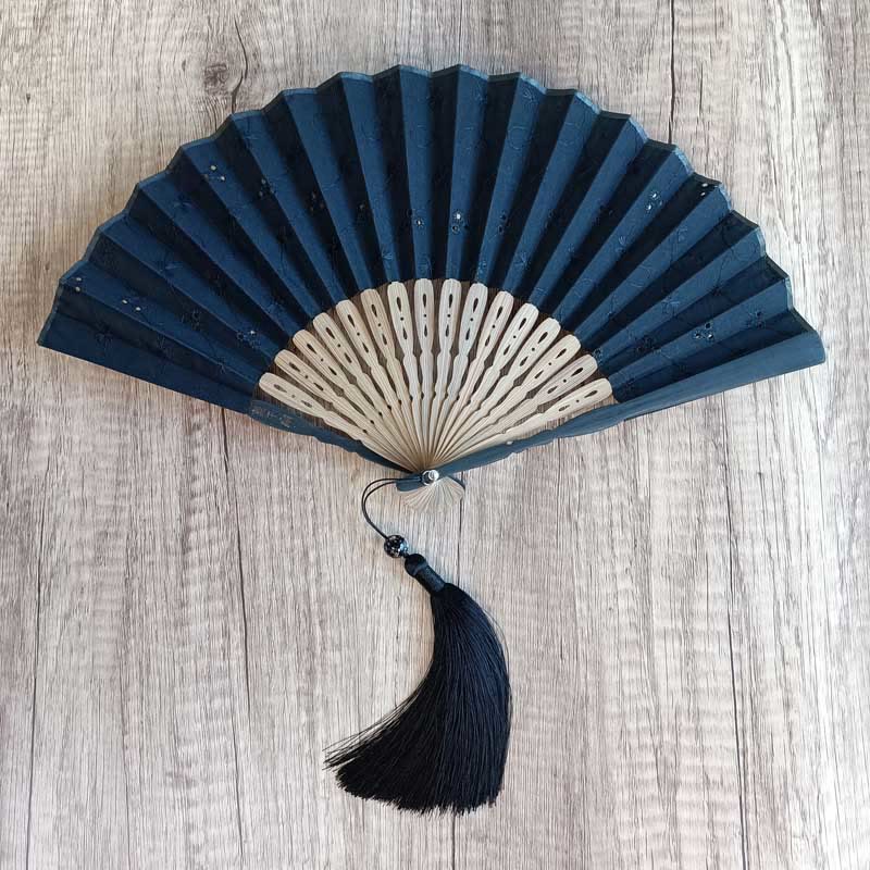 Buddhist Blessing Solid Color Hollow Flowers Embroidery Cotton Fabric Handheld Bamboo Folding Fan