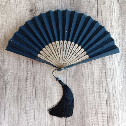 Buddhist Blessing Solid Color Hollow Flowers Embroidery Cotton Fabric Handheld Bamboo Folding Fan