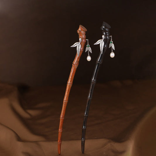 Buddhist Blessing 925 Sterling Silver Red Sandalwood Ebony Bamboo Power Hairpin